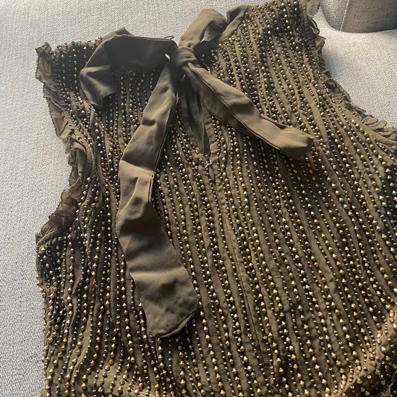 LOVE SAME Georgette Small Beaded Stem Green NWT Dress‎ Mini Sleeveless Gold Tie - Picture 2 of 7